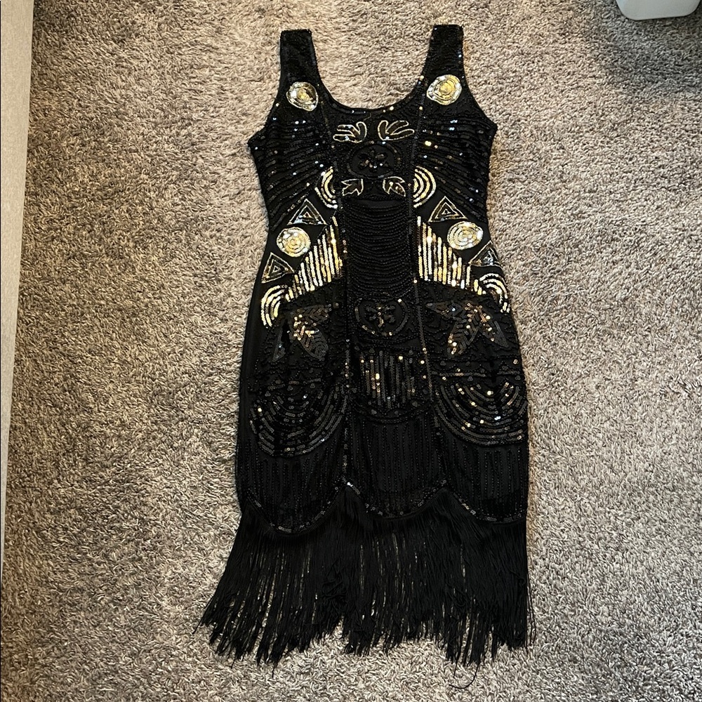 Unique Vintage Black Mini Dress with Gold Beading and Fringe